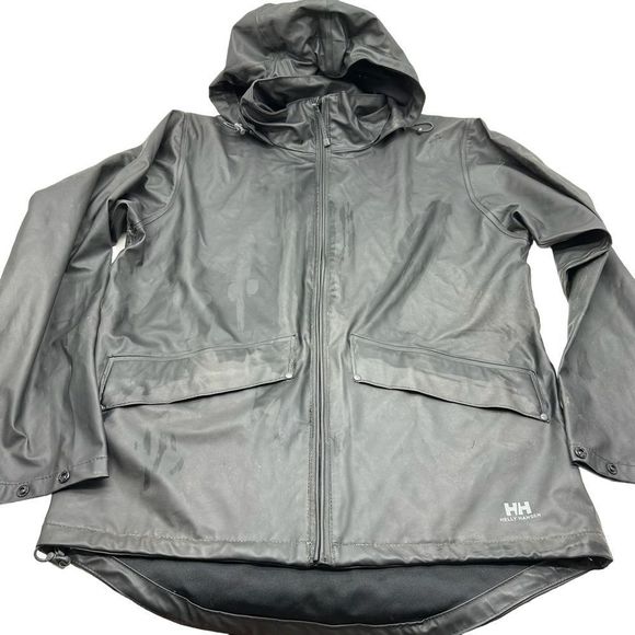 Helly Hansen Rain Jacket Mens Small Black Full Zip Hooded PVC Windbreaker Coat - Picture 1 of 12